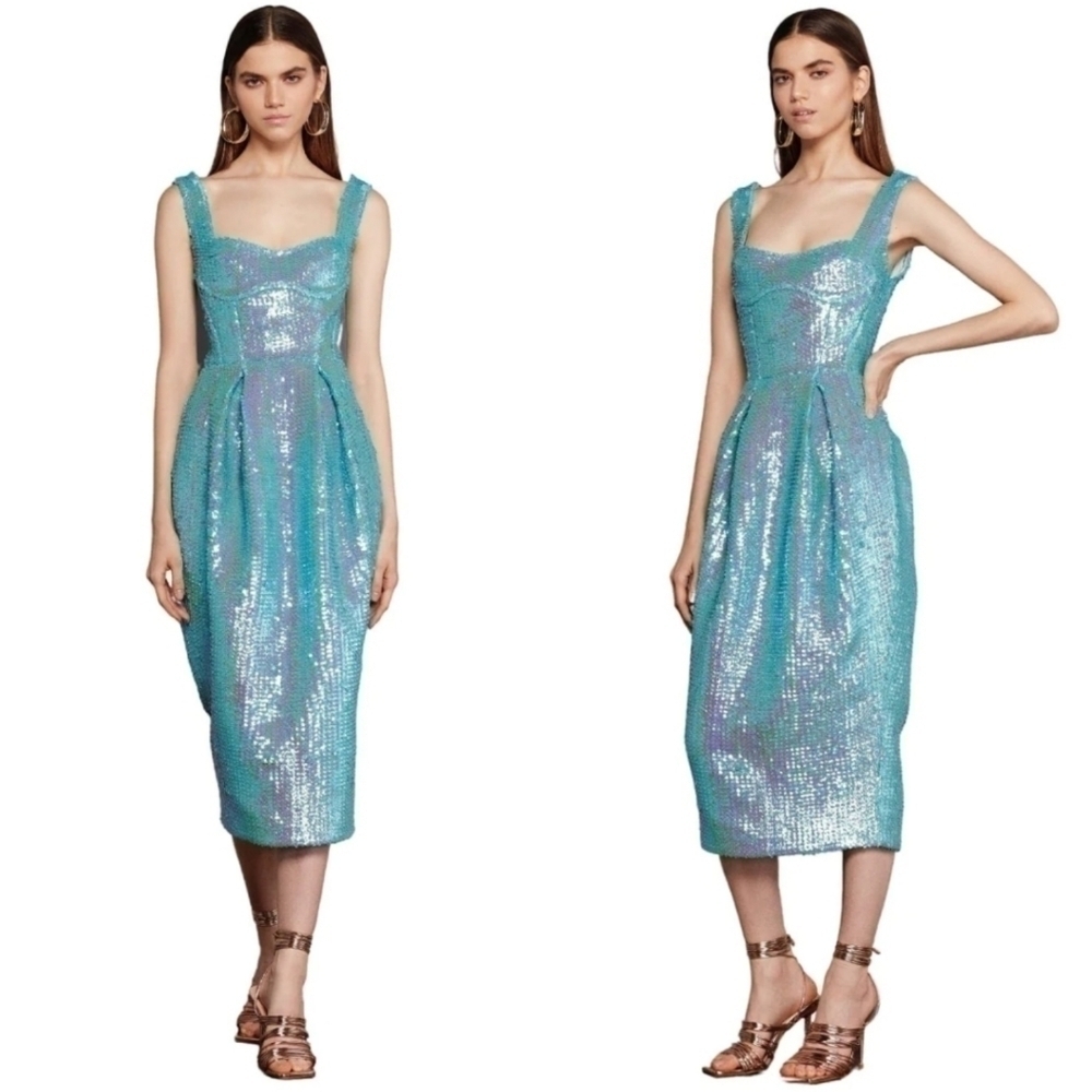 New Bronx And Banco Pleated Sequin Sweetheart Turquoise Midi Dress Large/8 US - Picture 3 of 15